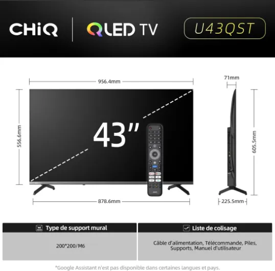 U43QST 43 Pouces TV Smart Google TV QLED 4K UHD avec HDR10, ALLM&VRR pour Jeu, MEMC, Contrôle Vocal, Design Métallique Ultra-Fin, Dolby Audio, Wi-FI 2.4G/5G (Nouveau Modèle) 43 4K Google TV- Ultra-mince