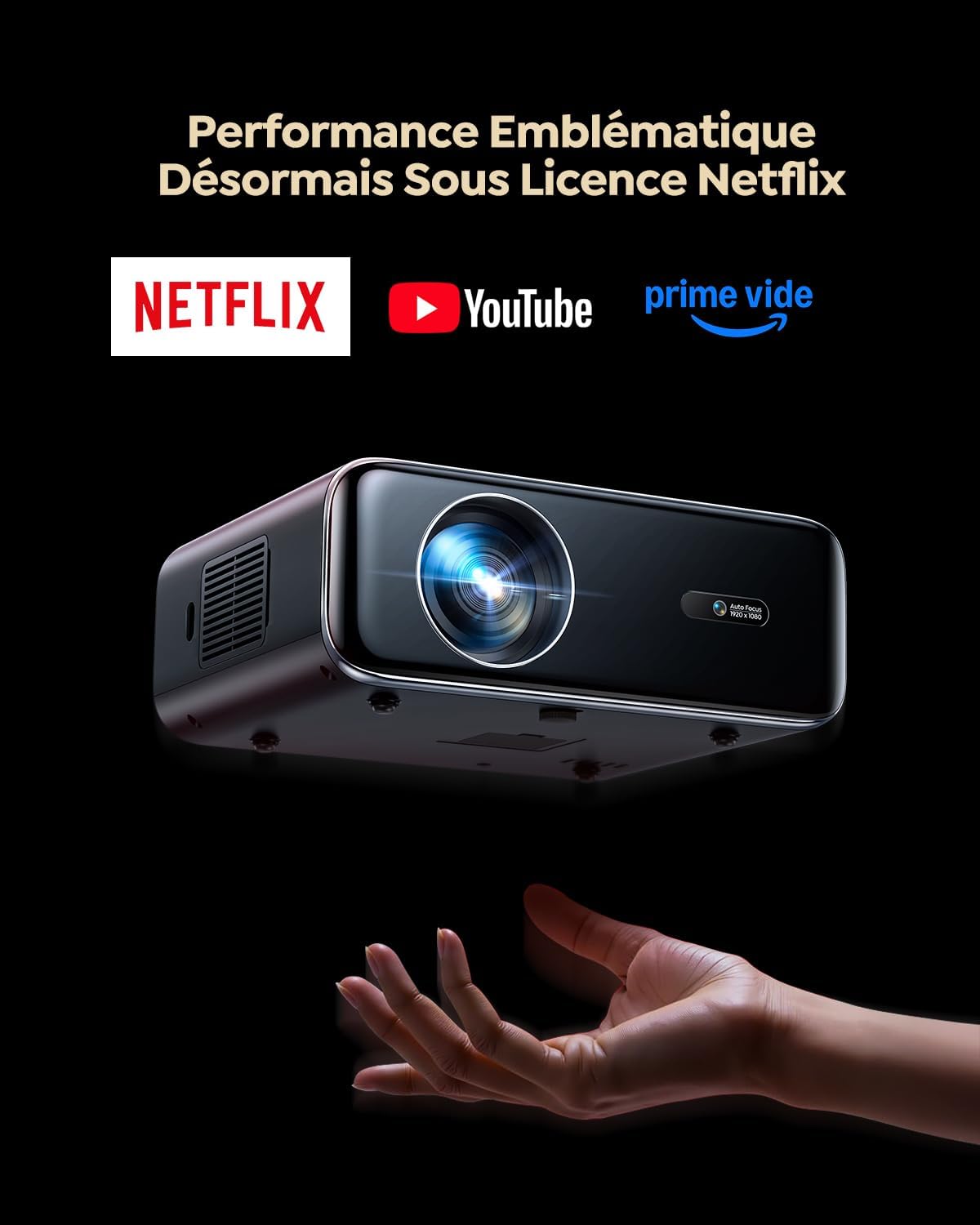 Vidéoprojecteur 4K【Netflix Officiel/Dolby】 1200 ANSI Projecteur Vidéo 4K Auto Focus/Keystone WiFi Bluetooth FHD 1080P, HDR10, Smart Rétroprojecteur Portable WiFi6 Extérieur Zoom50% Cadeau/Home Cinéma Noir