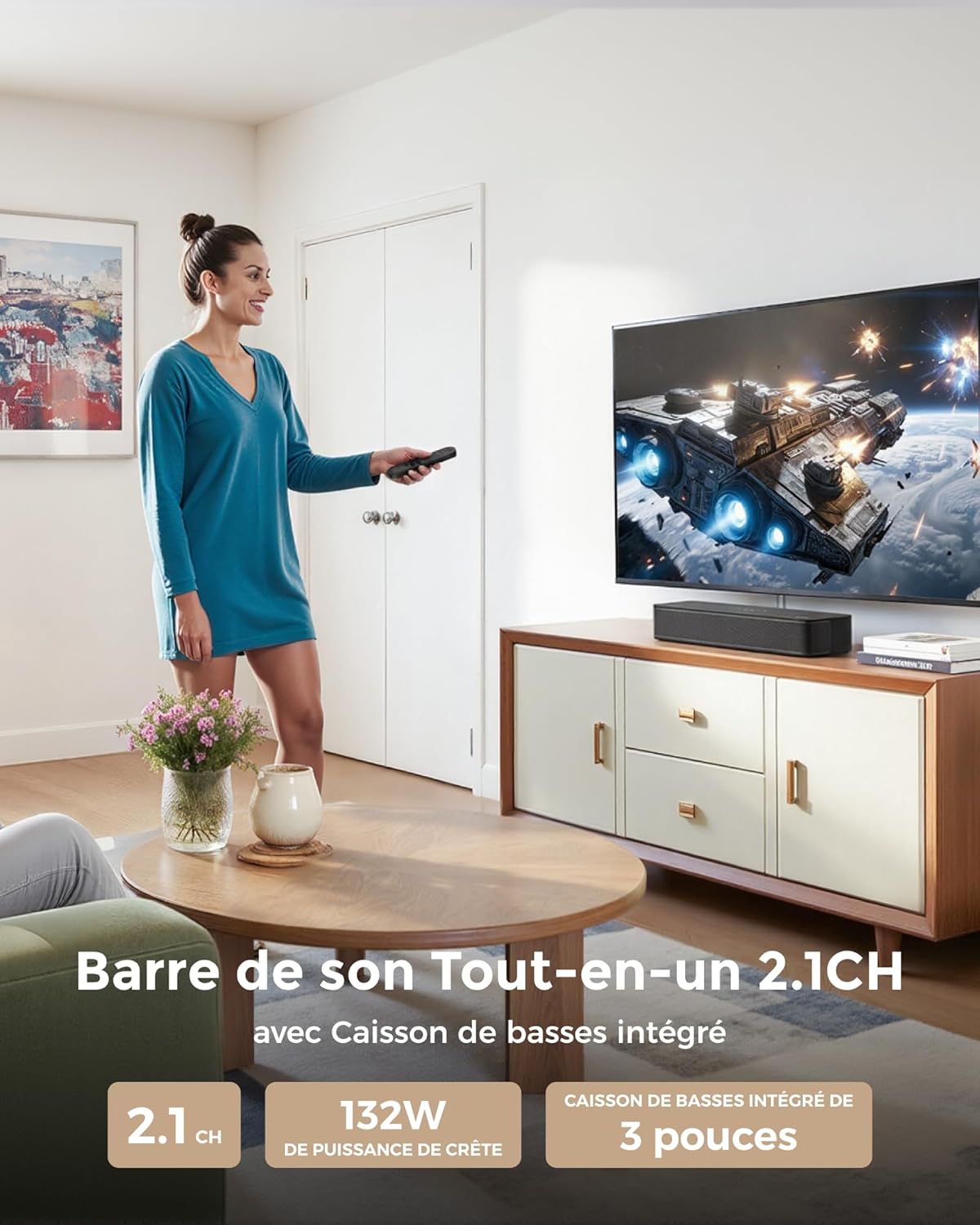 2.1ch Barre de Son TV Tout-en-Un, Puissance Crête 132W, Caisson de Basses Intégré, Barre de Son PC/Jeux, App Contrôle, 16 Pouces Haut-parleurs, BT 5.4, Opt/AUX/Montage Mural, Poseidon M20 Pro U2203