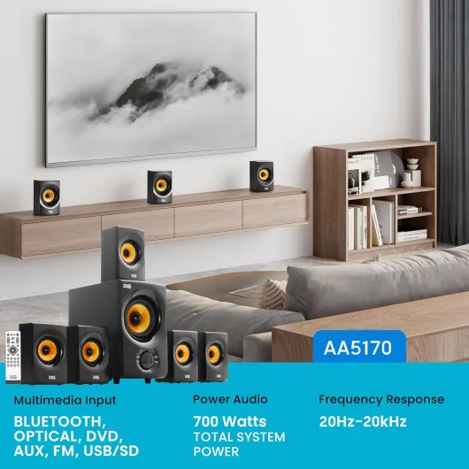 Acoustic Audio AA5170 Système de haut-parleurs Bluetooth 5.1 700 W avec sous-alimentation doré