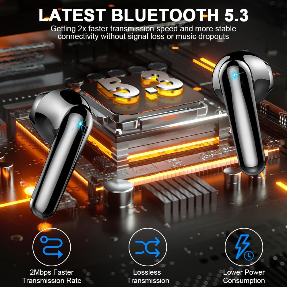 Ecouteurs Bluetooth sans Fil, Écouteurs Bluetooth 5.3 avec HiFi Stéréo Basses Casque, 50H Récréation, 4 ENC Réduction de Bruit Mic, Oreillette Bluetooth Sport IP7 Étanche, Écran LED, pour iOS Android A-Noir