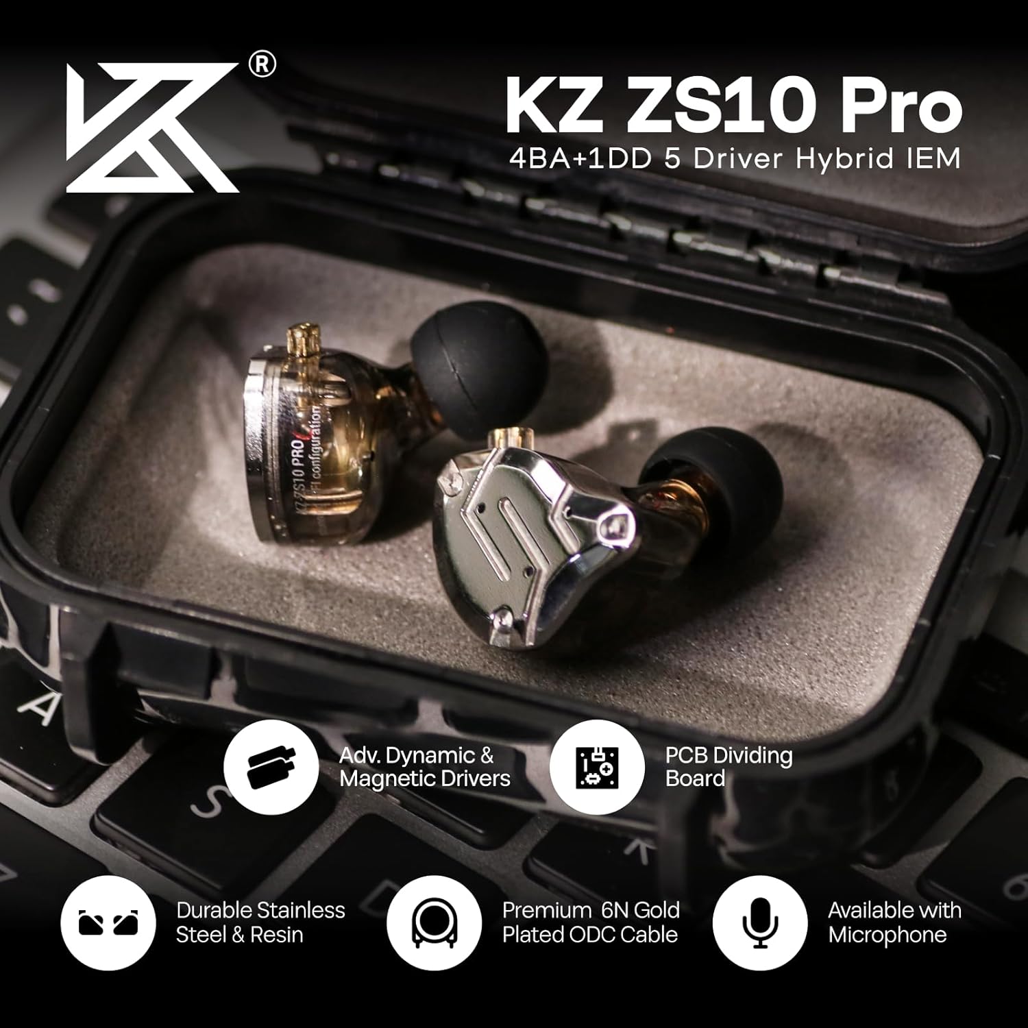 KZ ZS10 Pro, Ecouteurs Intra-Auriculaires 4BA+1DD à 5 conducteurs, Écouteurs filaires HiFi,Écouteurs de Jeu, Écouteurs IEM Hybrides, câble détachable encastré 2Pin(Noir,sans Mic) Sans Mic Noir