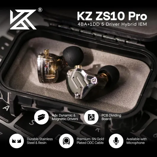 KZ ZS10 Pro, Ecouteurs Intra-Auriculaires 4BA+1DD à 5 conducteurs, Écouteurs filaires HiFi,Écouteurs de Jeu, Écouteurs IEM Hybrides, câble détachable encastré 2Pin(Noir,sans Mic) Sans Mic Noir