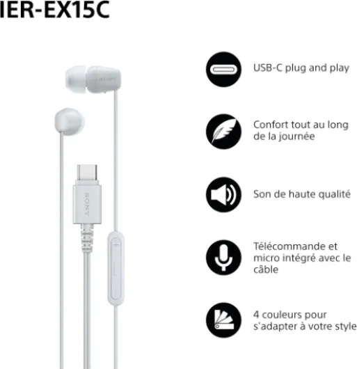 IER-EX15C avec Micro – Écouteurs filaires USB-C pour Android, iPhone, Ordinateur Portable et PC – Câble Anti-enchevêtrement – Parfaits pour Les Voyages et Une Utilisation Quotidienne – Blanc USB-C Blanc