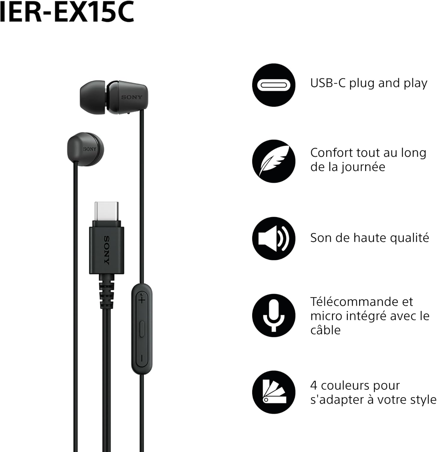 IER-EX15C avec Micro – Écouteurs filaires USB-C pour Android, iPhone, Ordinateur Portable et PC – Câble Anti-enchevêtrement – Parfaits pour Les Voyages et Une Utilisation Quotidienne – Noir USB-C Noir