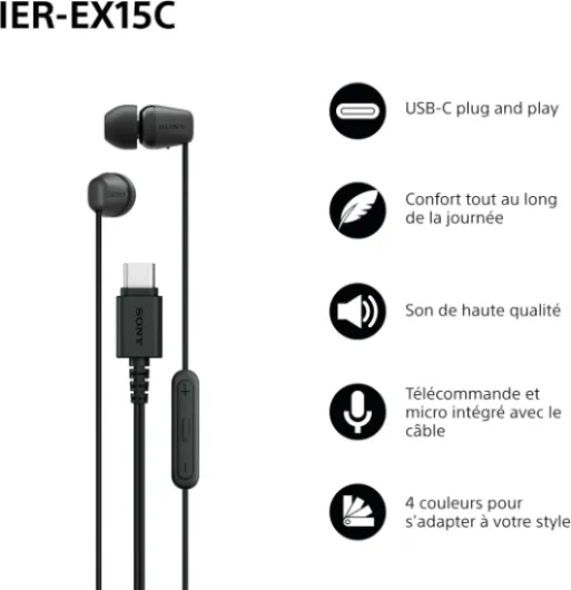 IER-EX15C avec Micro – Écouteurs filaires USB-C pour Android, iPhone, Ordinateur Portable et PC – Câble Anti-enchevêtrement – Parfaits pour Les Voyages et Une Utilisation Quotidienne – Noir USB-C Noir