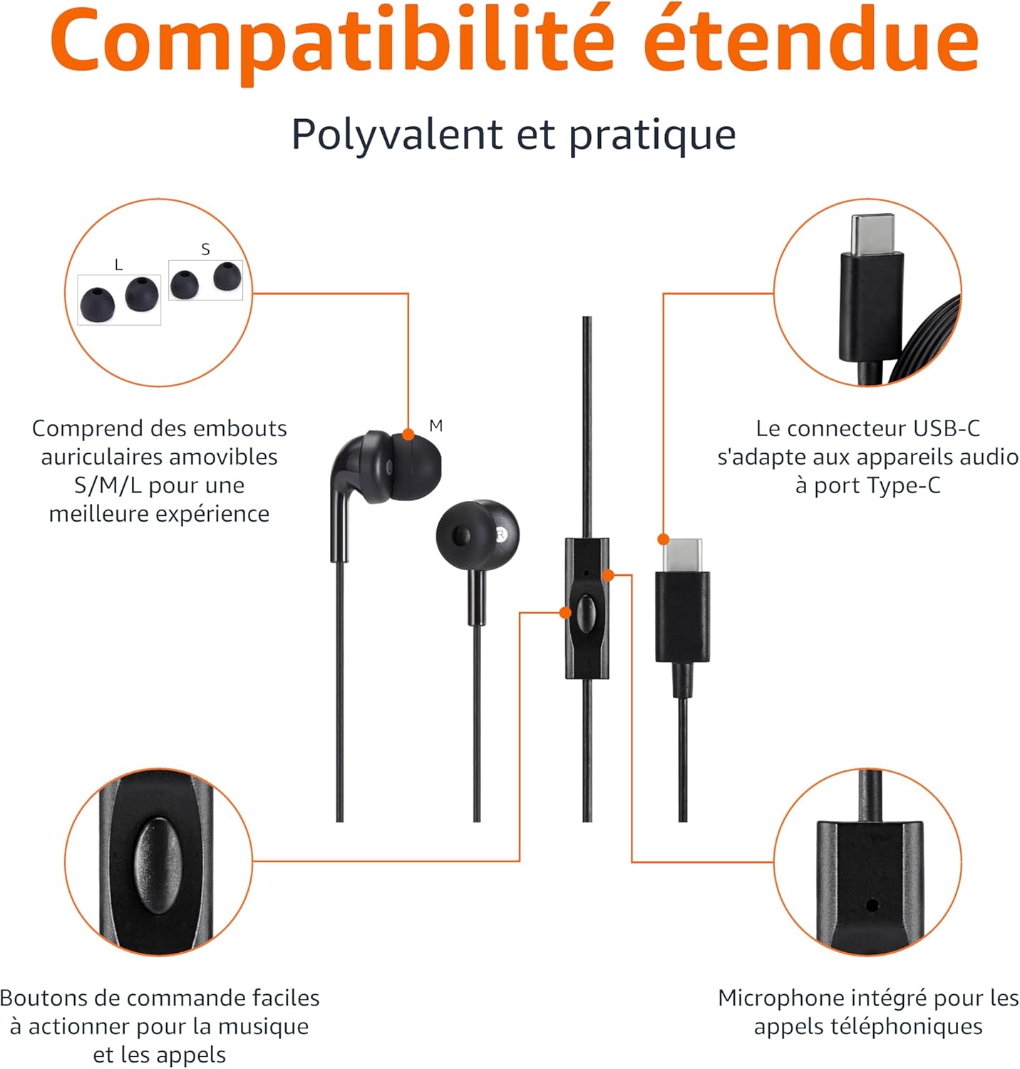 Écouteurs intra-auriculaire USB-C filaire avec microphone - Taille unique, noir