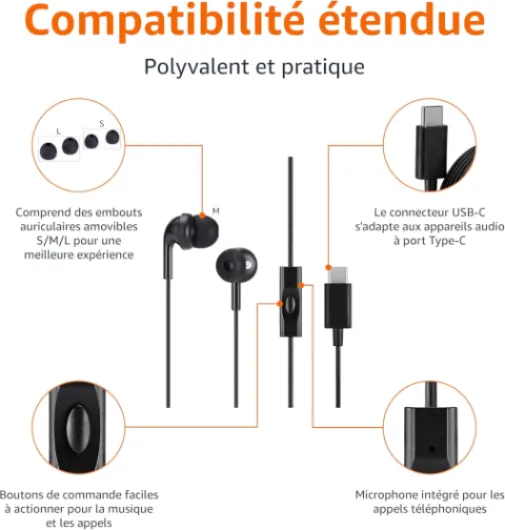 Écouteurs intra-auriculaire USB-C filaire avec microphone - Taille unique, noir