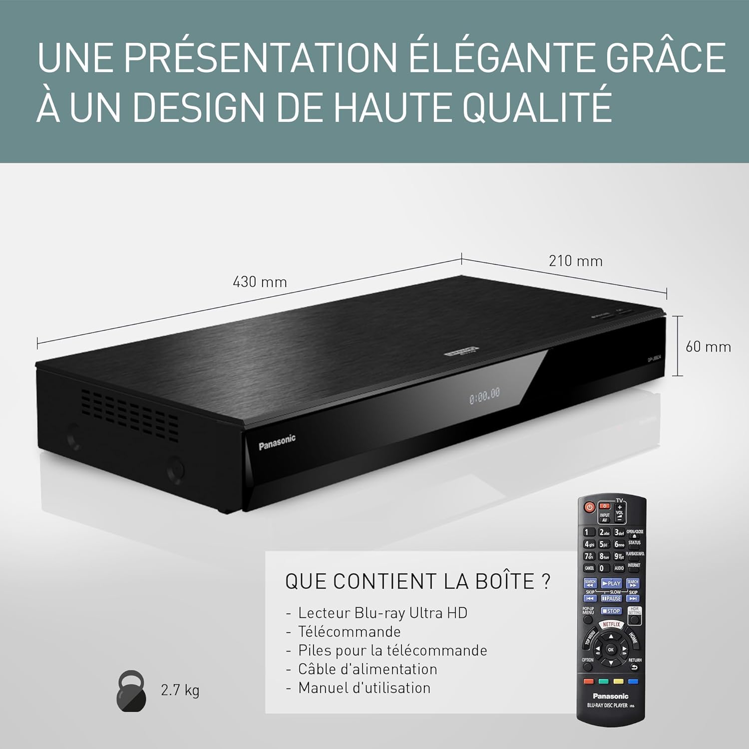 Lecteur Blu Ray UHD DP-UB820EFK I Ultra HD Premium Compatible HDR10+ / Dolby Vision Processeur HCX Convertisseur 4K Compatible audio Hi-Res Doulbe HDMI Wifi noir - Version Française