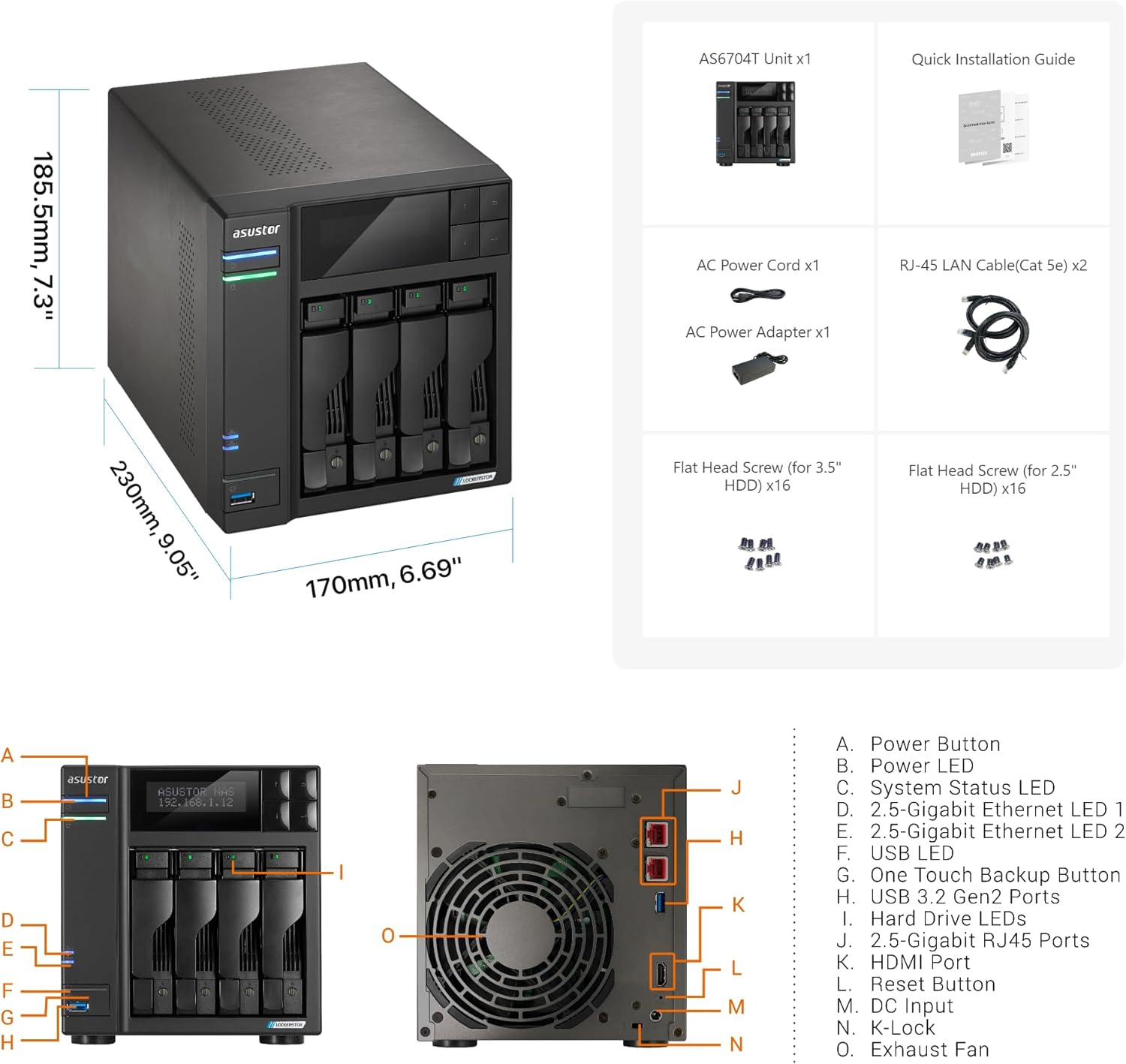Lockerstor 4 Gen2 - AS6704T - NAS 4 Baies, processeur Quad-Core 2,0 GHz, 4 emplacements M.2 NVMe (PCIe 3.0), Double 2,5 GbE, Extensible à 10 GbE, 4 Go de RAM DDR4,(sans Disque) Lockerstor Gen2 4 Bay