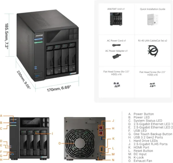 Lockerstor 4 Gen2 - AS6704T - NAS 4 Baies, processeur Quad-Core 2,0 GHz, 4 emplacements M.2 NVMe (PCIe 3.0), Double 2,5 GbE, Extensible à 10 GbE, 4 Go de RAM DDR4,(sans Disque) Lockerstor Gen2 4 Bay