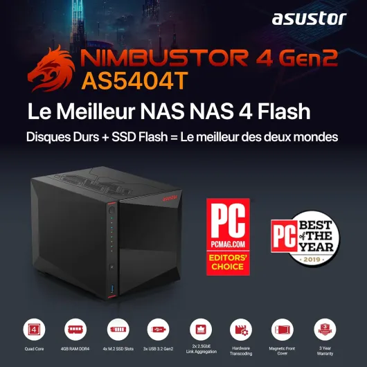 AS5404T Nimbustor 4 Gen2 - Serveur NAS 4 Baies, Quad-Core 2.0GHz CPU, 4 emplacements M.2 NVMe SSD, Deux Ports 2.5GbE, 4GO RAM DDR, Serveur de Stockage en réseau (sans disques)