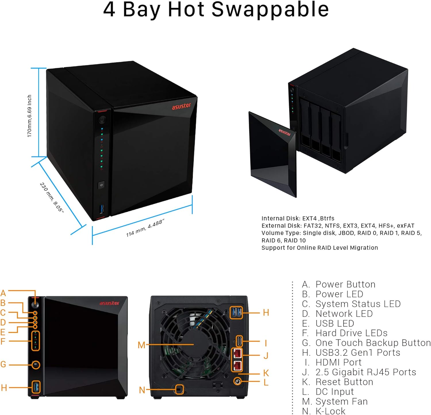 NIMBUSTOR 4 AS5304T 4 Bay NAS Bureau Boîtier Quad Core 1.5 GHz CPU, 4 Go RAM DDR4, sans Disque 4 Baies Nimbustor