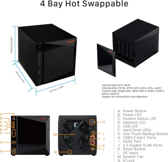 NIMBUSTOR 4 AS5304T 4 Bay NAS Bureau Boîtier Quad Core 1.5 GHz CPU, 4 Go RAM DDR4, sans Disque 4 Baies Nimbustor