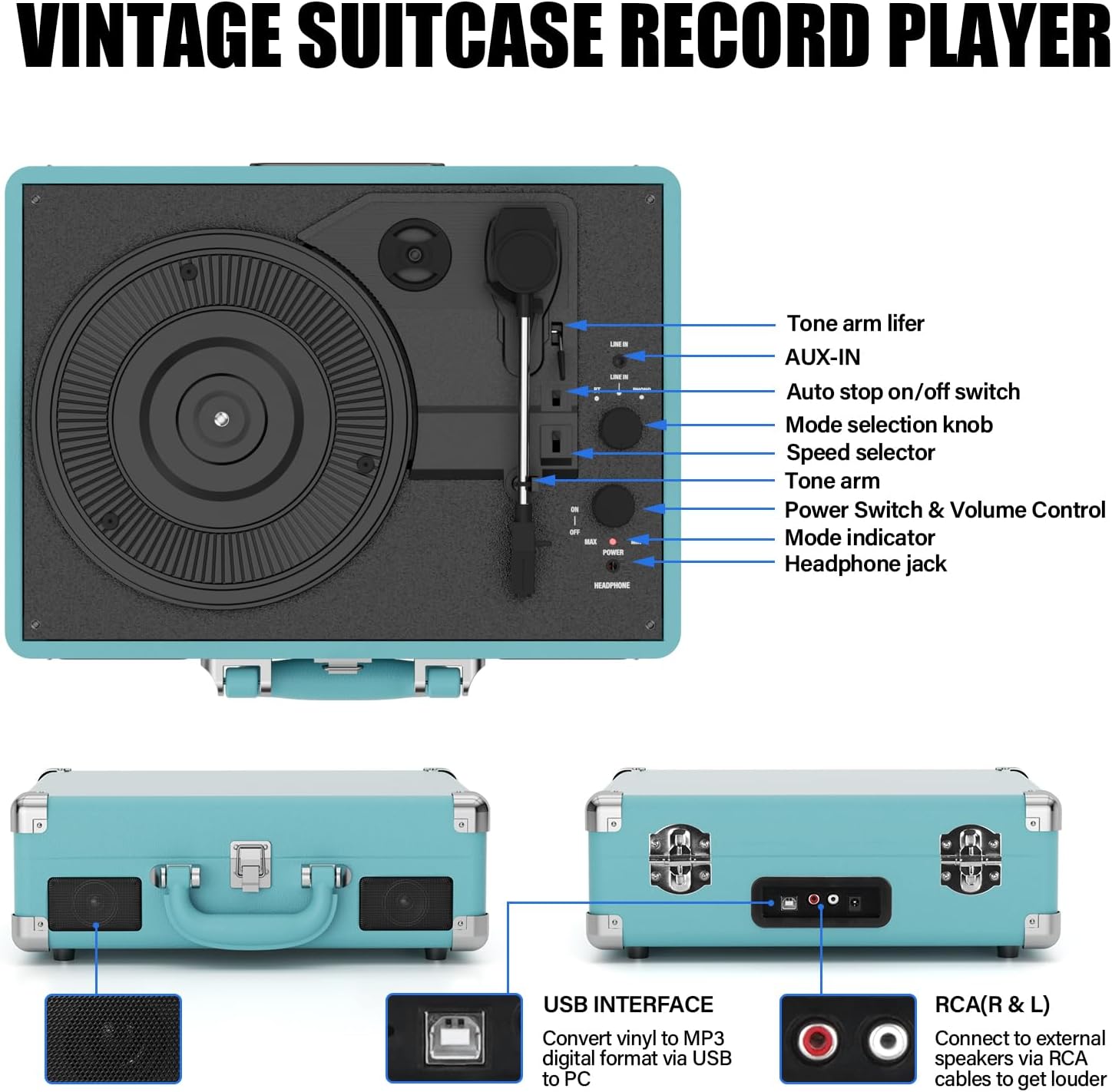 Platines Vinyle,Mersoco Tourne-Disque Bluetooth,phonographe Vintage avec 3 Vitesses et Haut-parleurs intégrés,Sortie RCA et AUX-in Incluse bleu ciel