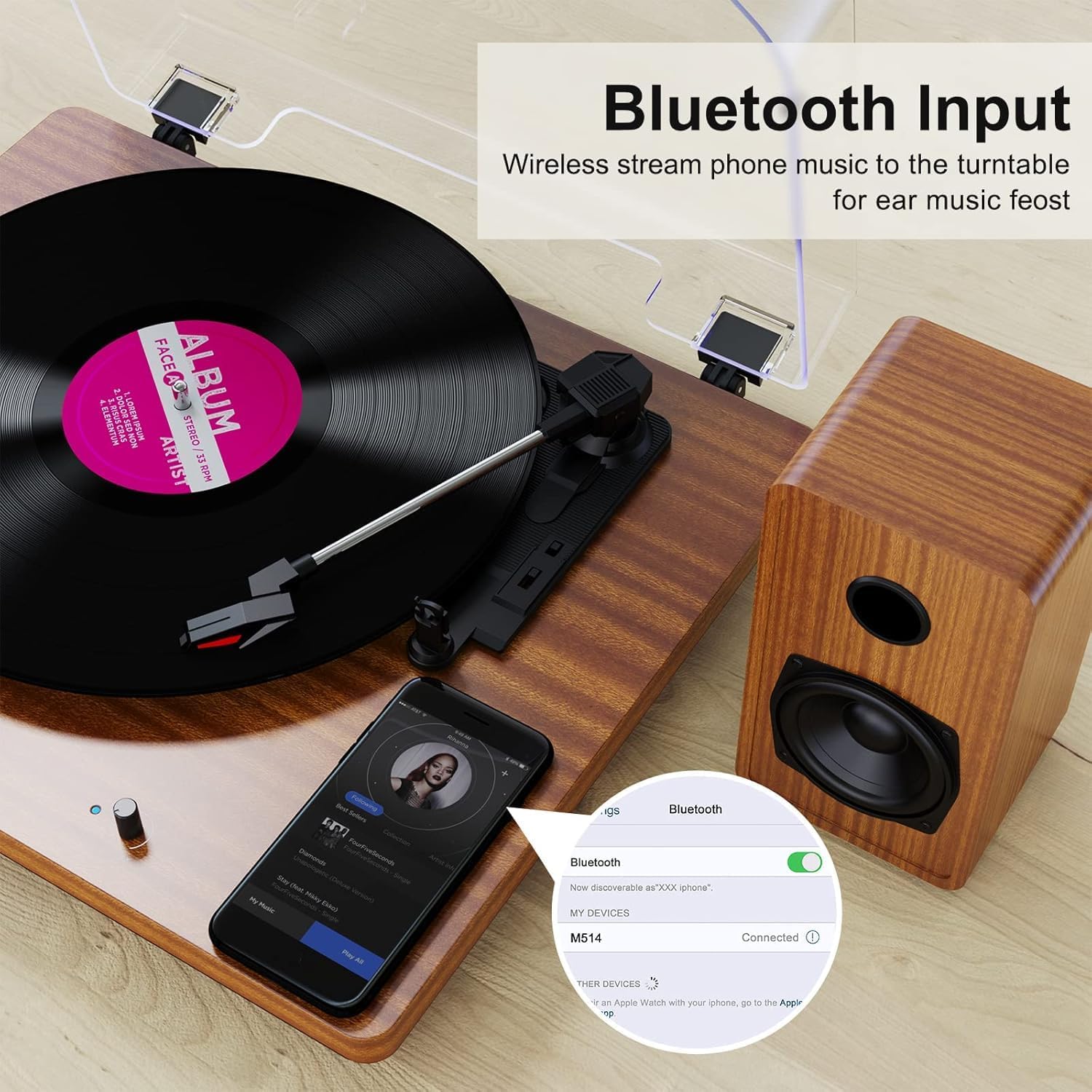 Platine Vinyle Bluetooth à Trois Vitesses et Haut-parleurs stéréo, Conversion des Sorties USB et RCA, Bois Couleur Bois Naturel marron1