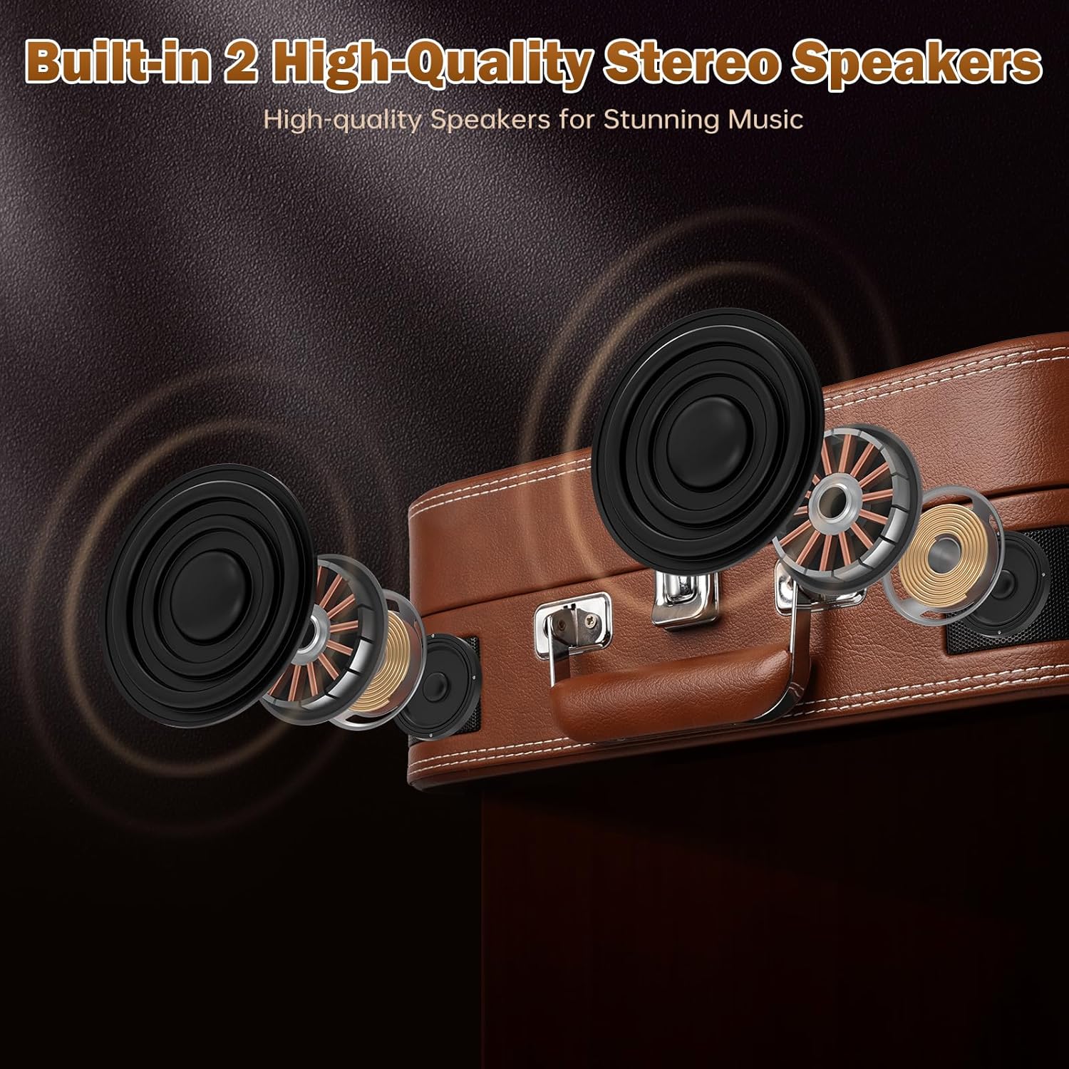 Platine Vinyle, VOKSUN Bluetooth Out Turntable Vintage Portable avec Haut-parleurs Intégrés, 3 Vitesses Lecteur de Vinyles USB pour Valises, Entrée Auxiliaire, Prise Vinyle RCA Auto-Stop (Brun)