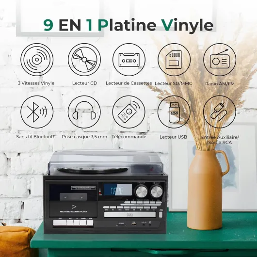 9-en-1 Platine Vinyle avec Bluetooth, Tourne-Disque à 3 Vitesses avec Haut-parleurs intégrés et Prise Audio de 3,5 mm, CD/Cassette, Radio AM/FM, USB/SD/MMC, Noir Solide Noir-T408