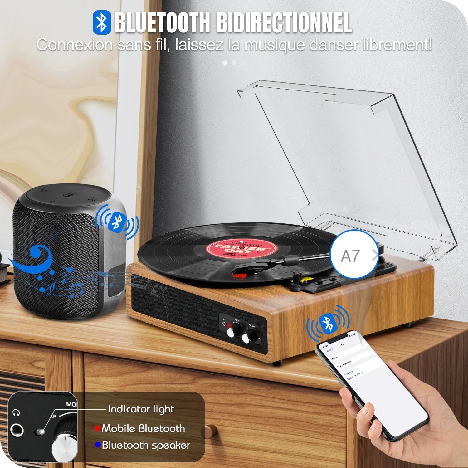 Platine Vinyle, FYDEE Tourne-Disque Vinyle Bluetooth avec Émetteur pour Enceintes, Portable avec 3 Vitesses 33/45/78 TR/Min, 2 Haut-parleurs Intégrés, Sortie RCA, Entrée AUX - Marron Clair