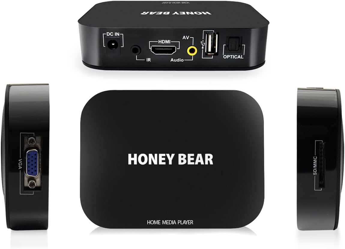 Honey Bear 1080p HD TV Mini Media Player - MKV - Lit Tous Les Fichiers De Disques Durs USB/Flash Drives/Cartes Mémoire - HDMI et Câbles AV Inclus