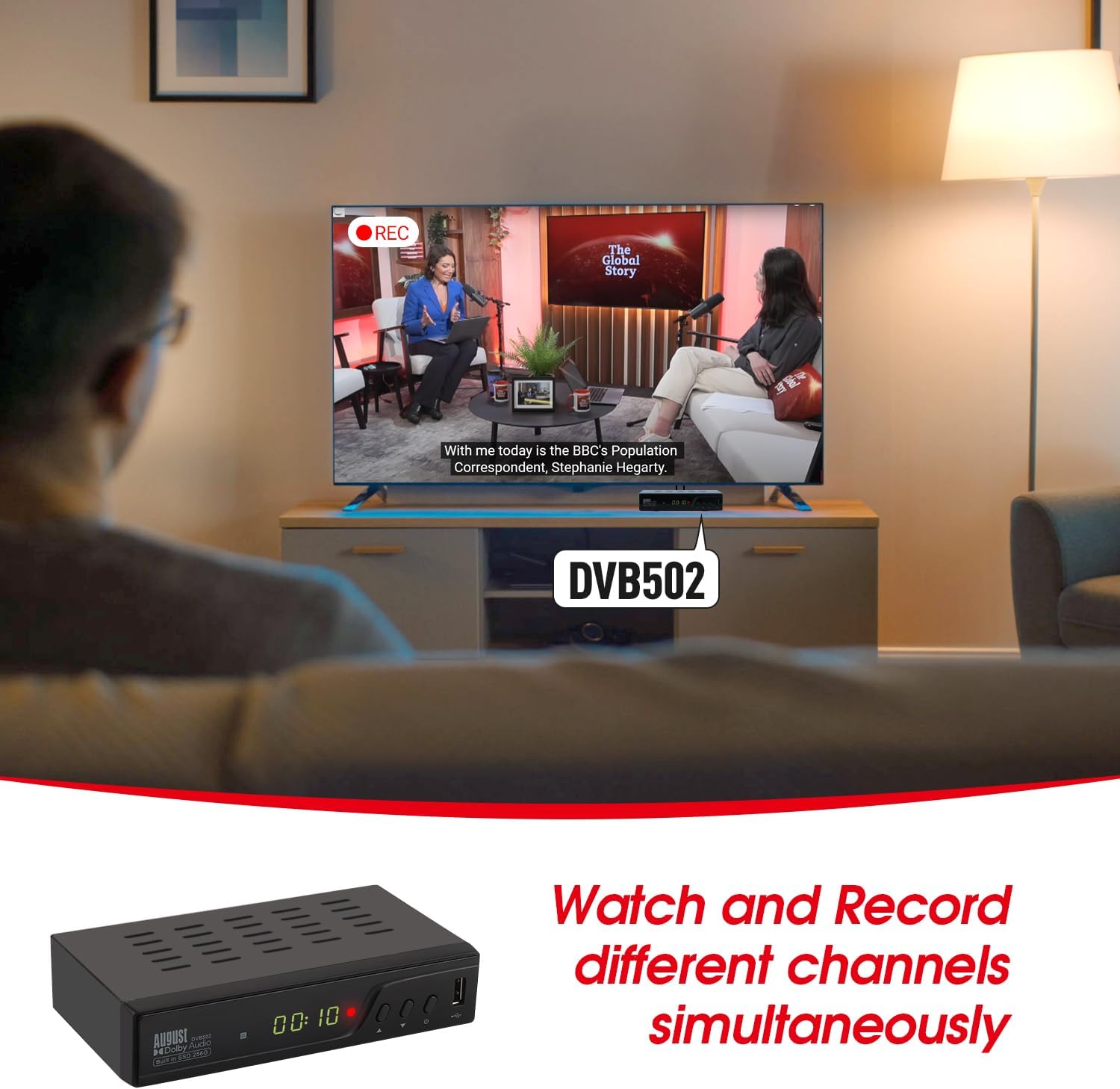 DVB502 - Décodeur TNT HD avec Disque Dur de 256GB - TNT HD Double Tuner pour Regarder et Enregistrer simultanément, Guide TV sur 7 Jours, HDMI 1080P, Timeshift et Contrôle du Direct