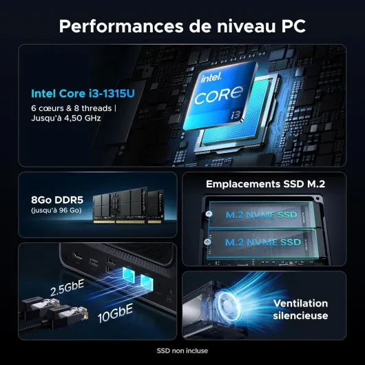 NASync DXP4800 Pro NAS de Bureau 4 Baies, Processeur Intel i3-1315U 6 cœurs, 8 Go de RAM DDR5 Jusqu’à 96 Go, SSD 128 Go, 1 Port 10 GbE, 1 Port 2,5 GbE, 2×M.2 NVMe, HDMI 4K, (sans Disque)