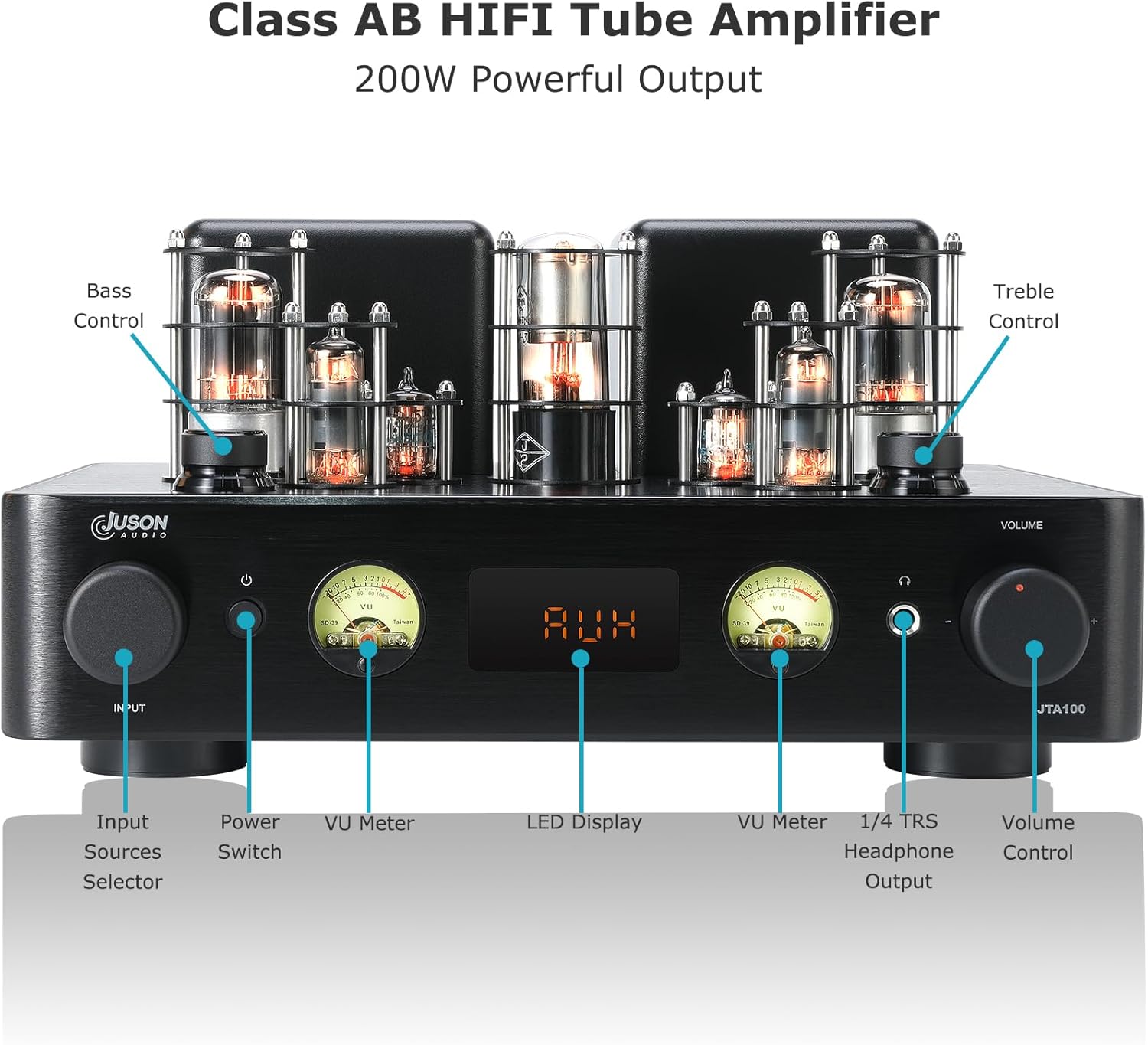 JTA100 2025 Amplificateur de tube à vide hybride intégré avec BT 5.0, OPT AUX, COAX, entrée phono et sortie casque, classe 2.1 canaux AB, audio domestique Hi-Fi pour tourne-disque