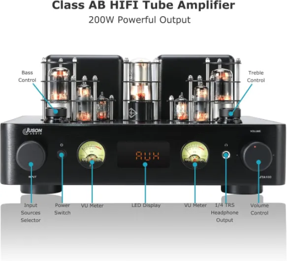 JTA100 2025 Amplificateur de tube à vide hybride intégré avec BT 5.0, OPT AUX, COAX, entrée phono et sortie casque, classe 2.1 canaux AB, audio domestique Hi-Fi pour tourne-disque