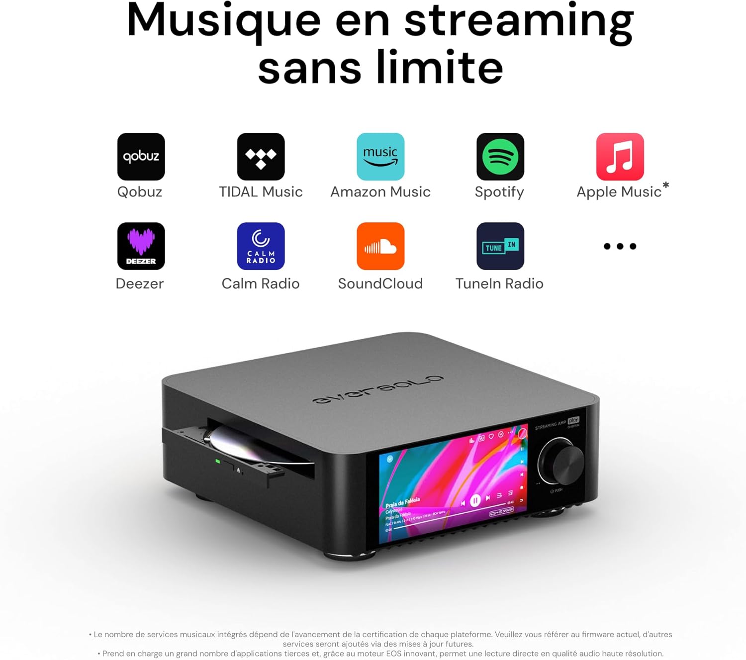 EVERSOLO Play Lecteur de Musique Tout-en-Un avec Amplificateur - Écran Tactile de 5,5 Pouces, Prise en Charge Multiroom et Correction de Pièce, Diffusion Tidal, Qobuz et Plus - Noir(Édition CD)