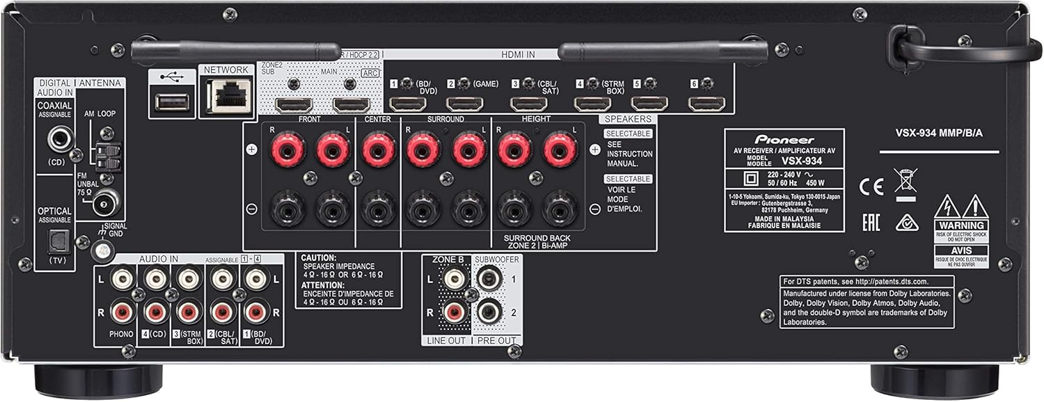 Pioneer VSX-934 Récepteur AV 7.2 (7x160 Watt, Dolby Atmos, DTS:X, Dolby Atmos Height Virtualizer, Sonos, Zone 2, AirPlay 2, Bluetooth, USB), Noir
