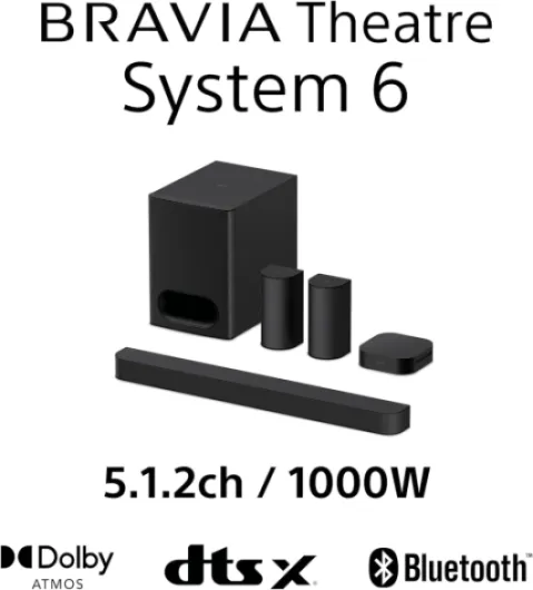 BRAVIA Theatre System 6 – Son Enveloppant 5.1.2ch canaux - 1000 W - Enceintes arrière et Caisson de Basses Inclus - Dolby Atmos - DTS:X - DSEE - Mode Multi Stereo Party - Prise en Main Facile