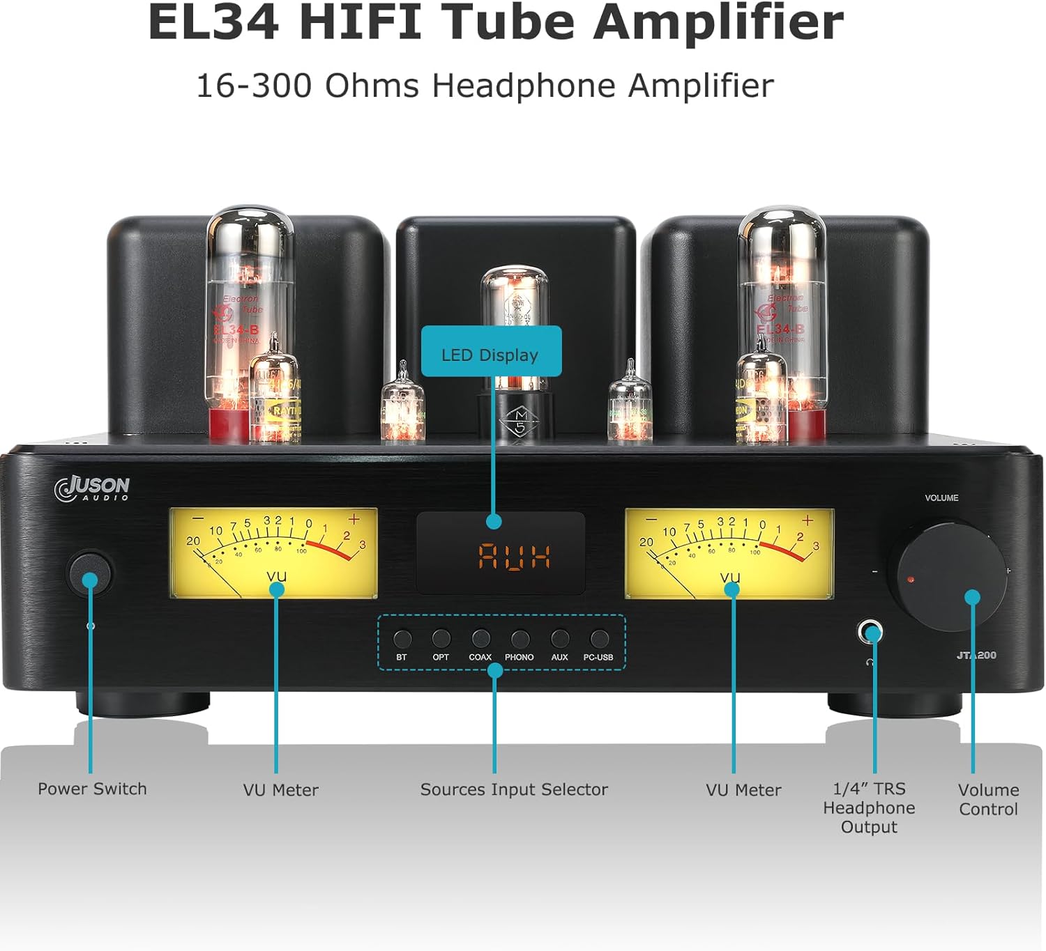 Juson Audio JTA200 Amplificateur à tubes HiFi haut de gamme Classe AB hybride stéréo avec BT 5.4 et télécommande Phono Coax AUX Opt PC Entrée USB Casque Sortie caisson de basses 300 W
