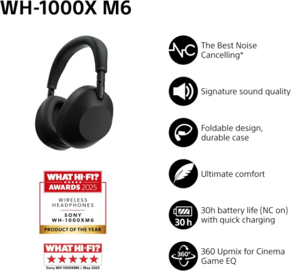 SONY WH-1000XM6 Flagship Noise Cancelling Over-Ear Wireless Bluetooth Headphones, Signature Hi-Res Sound, Comfort, Foldable Design, Durable Case, 30 HR Battery NC On, iOS & Android – Black
