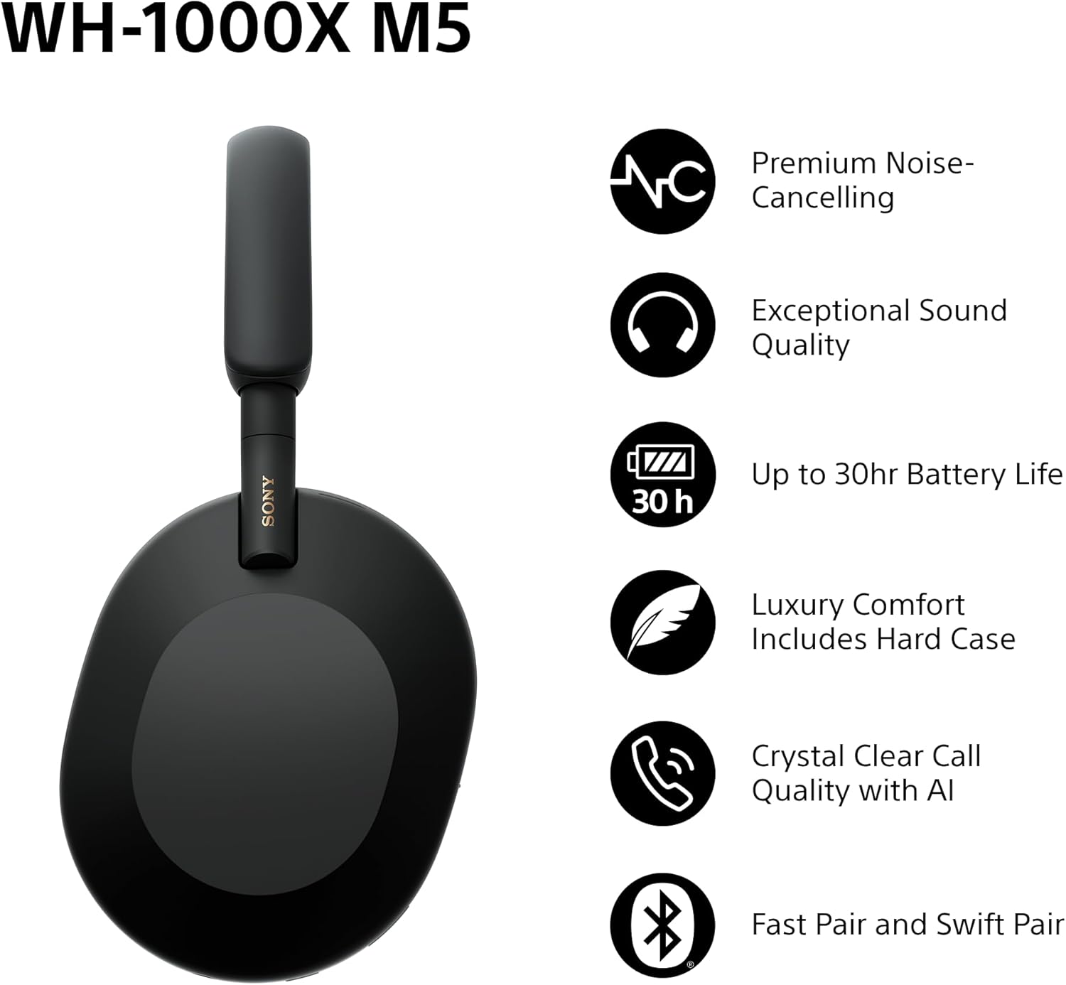 Sony WH-1000XM5 Wireless Over-Ear Headphones, Premium Active Noise Cancelling with personalized Spatial Audio, Up to 30hr Battery Life, Bluetooth Headphones, Black With Hard Case Black