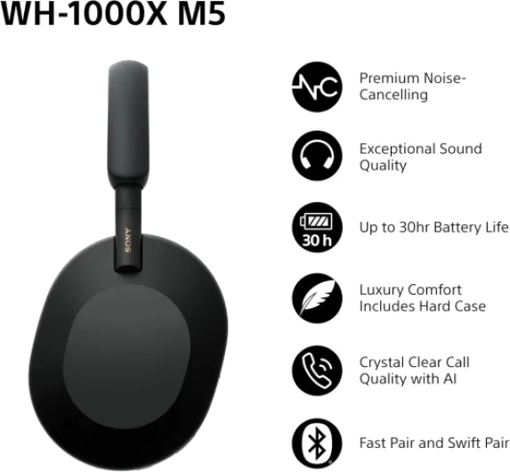 Sony WH-1000XM5 Wireless Over-Ear Headphones, Premium Active Noise Cancelling with personalized Spatial Audio, Up to 30hr Battery Life, Bluetooth Headphones, Black With Hard Case Black