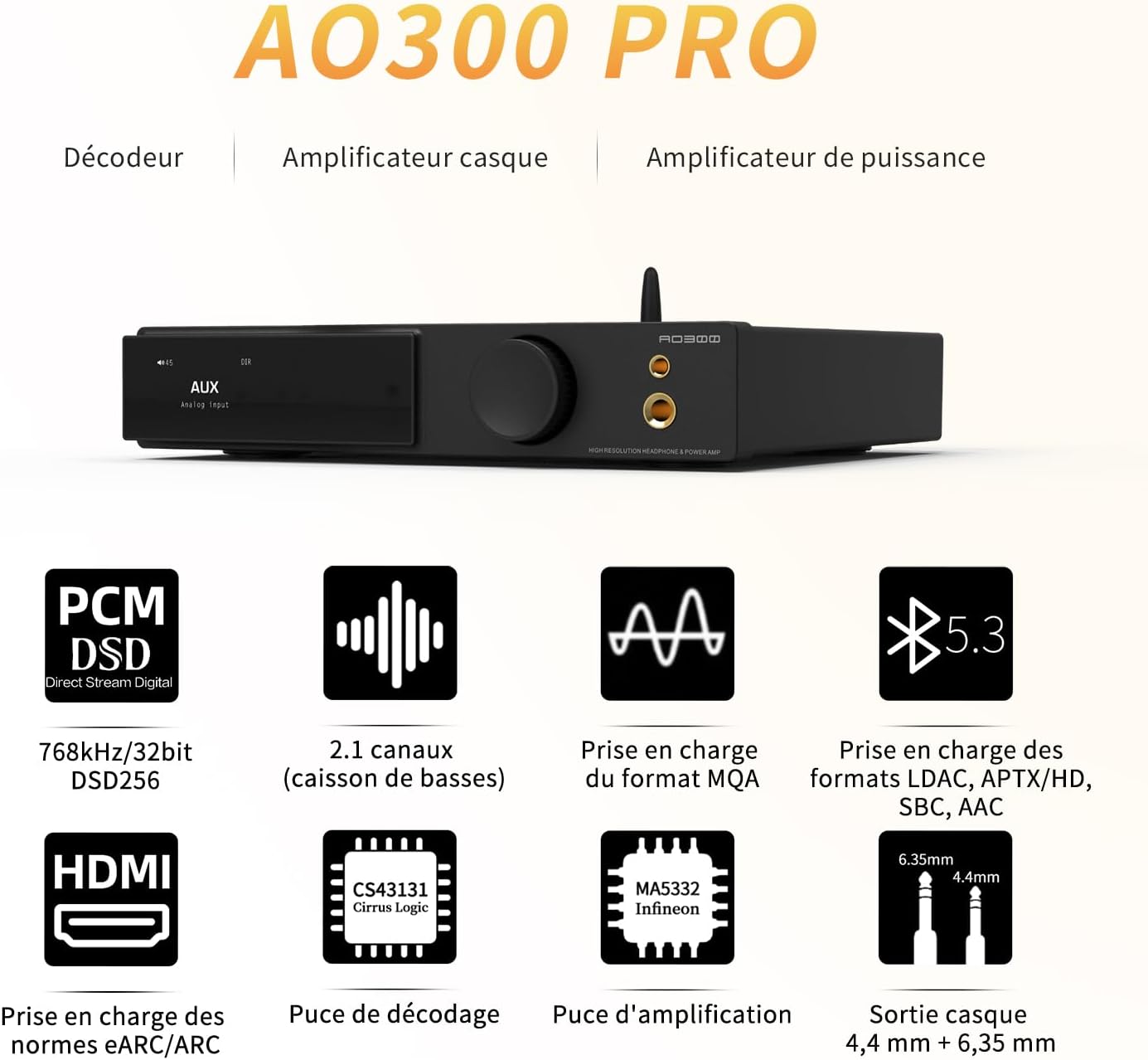 SMSL AO300 Pro DAC Amplifier - Amplificateur stéréo 2.1 de 165 W MA5332MS avec DAC MQA, entrées USB/Coax/Opt/RCA - Amplificateur Casque Hi-FI 4,4 mm/6,35 mm - Amplificateur DAC, Noir