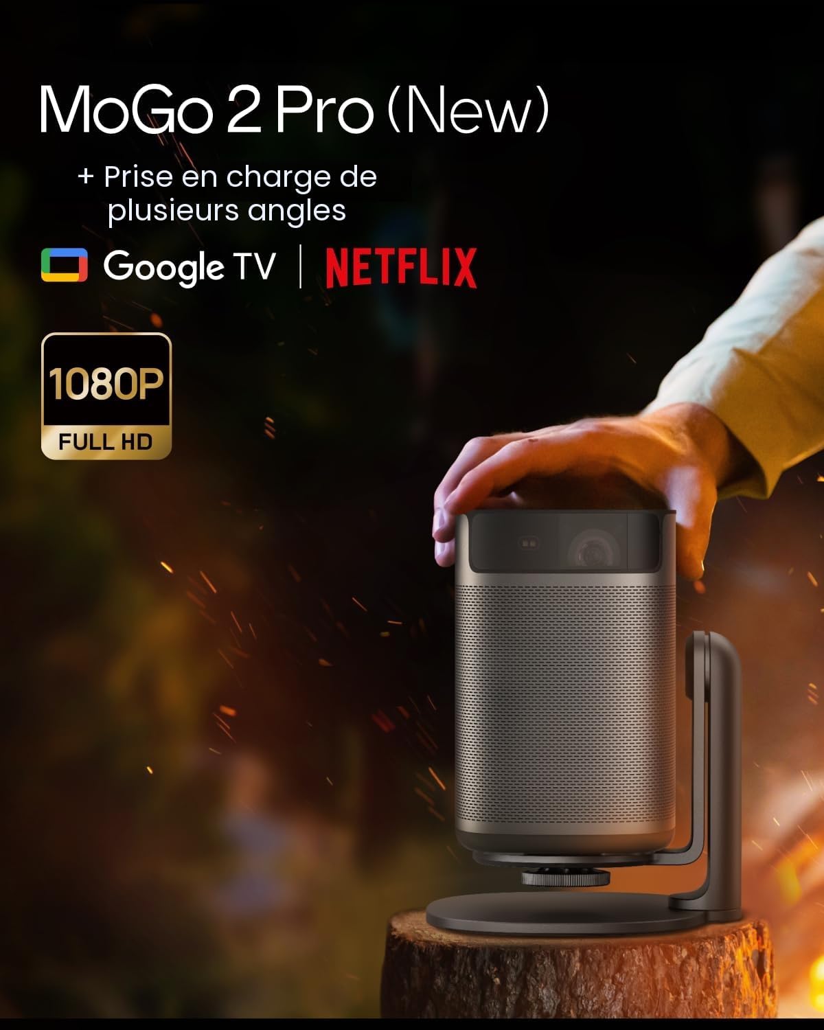 MoGo 2 Pro (New) 1080P Videoprojecteur Portable,avec Support Multi-Angle,Compatible avec Google TV & Netflix,430 Lumens ISO, 2X8W Haut-Parleurs, Autofocus, Protection Oculaire Intelligente Ensemble MoGo 2 Pro (nouveau)