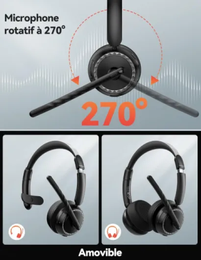 Casque Bluetooth sans Fil avec Micro, Casque avec Micro à Anti-bruit IA, Station de Charge, Dongle USB, Autonomie 55h, Casque Micro sans Fil Rechargeable pour Bureau, Maison, Centres d' Appels Noir