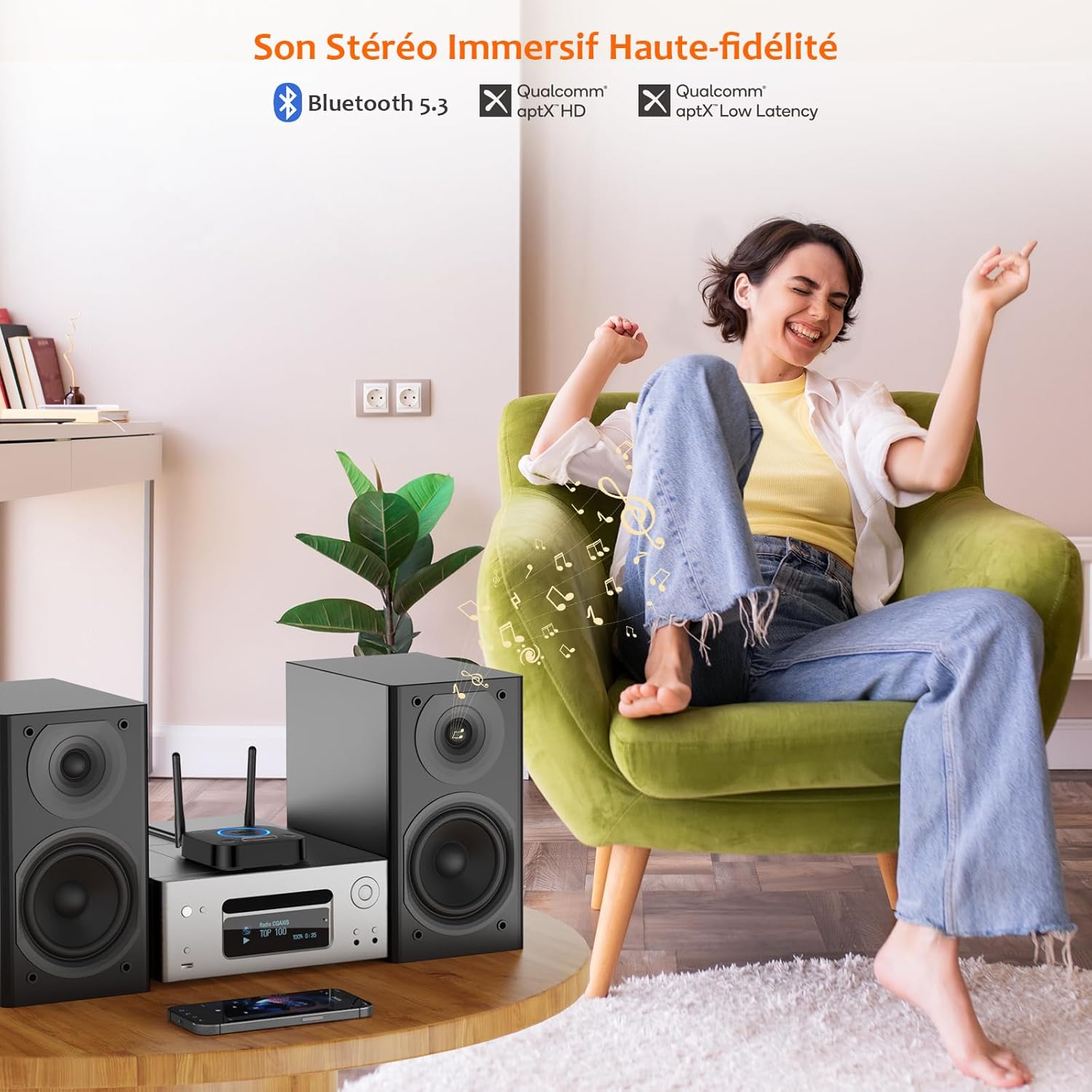 B06Pro Recepteur Bluetooth 5.3, Longue Portée Adaptateur Audio sans Fil Hi-FI, avec 3D Surround aptX HD&LL, RCA Optique AUX 3,5 mm Coaxial pour Système Stéréo Domestique B06Pro-us