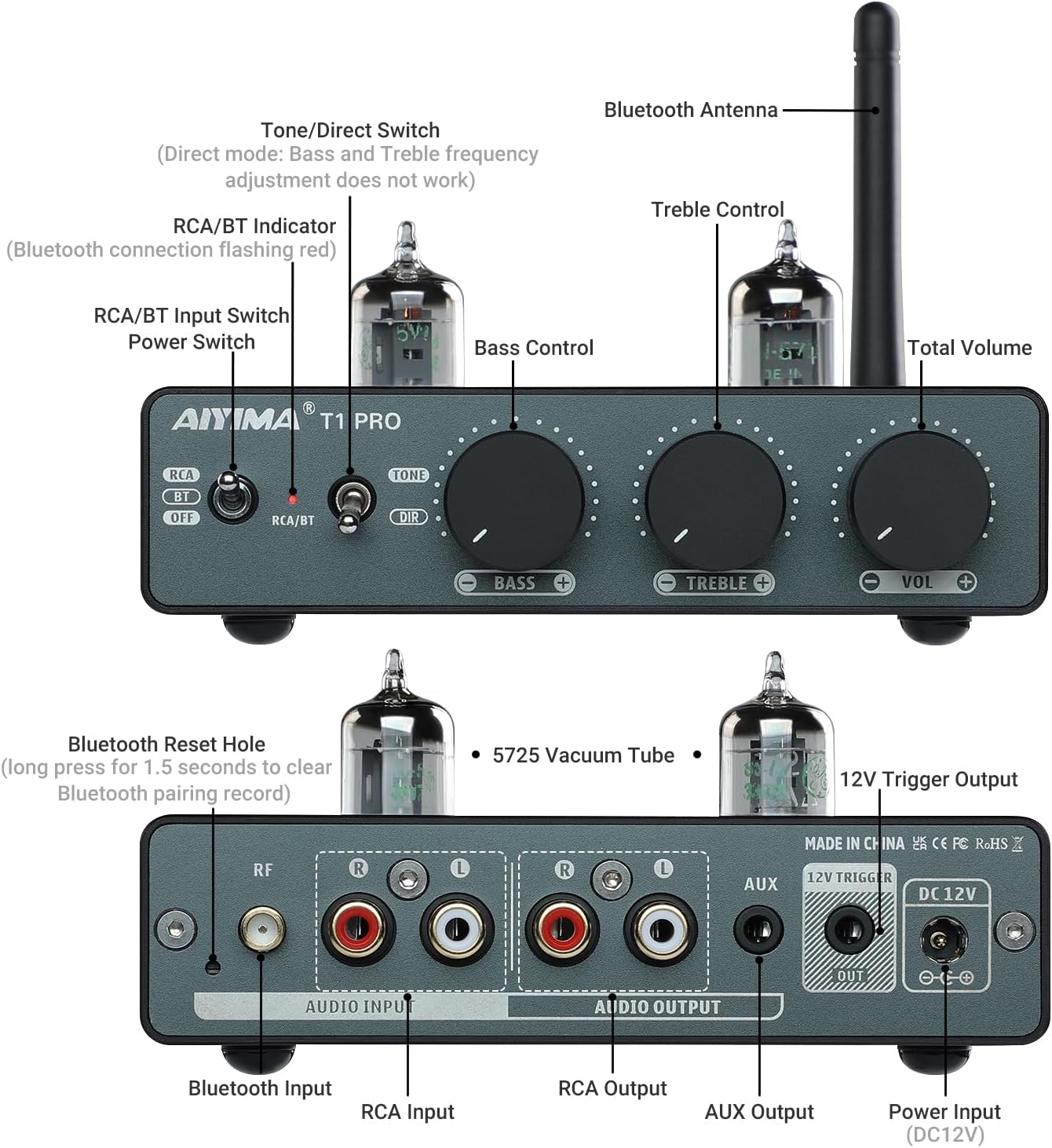 T1PRO Préampli à tubes Amplificateur audio domestique Mini préampli à vide Bluetooth 5.1 QCC3040 APTX-HD avec commandes de tonalité des basses et des aigus et sortie de déclenchement 12 V