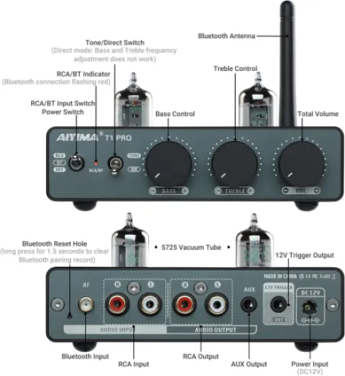 T1PRO Préampli à tubes Amplificateur audio domestique Mini préampli à vide Bluetooth 5.1 QCC3040 APTX-HD avec commandes de tonalité des basses et des aigus et sortie de déclenchement 12 V