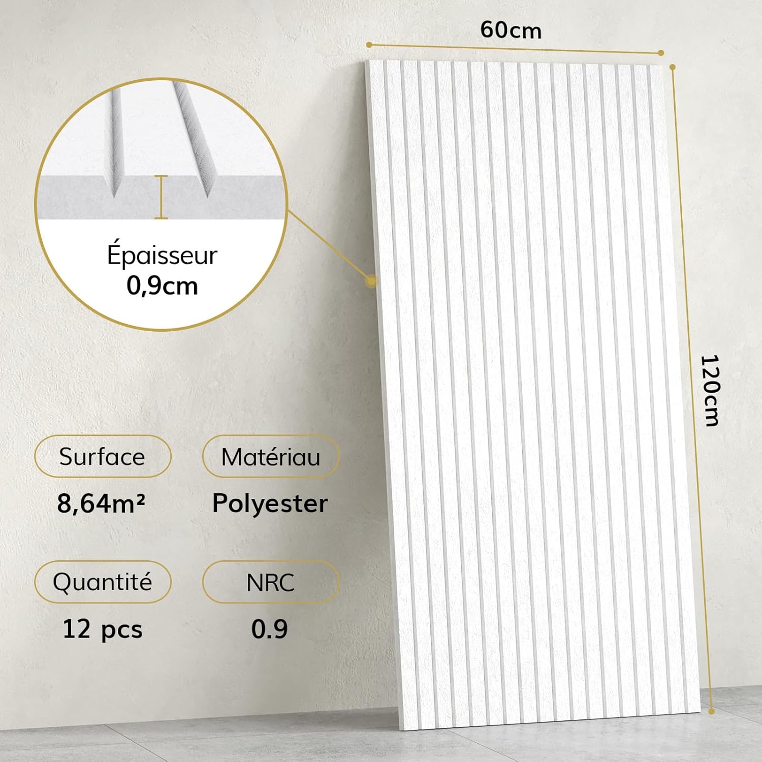 Lot de 12 Panneaux Acoustiques, 120x60x0,9 cm, Panneau Acoustique Auto-adhésifs, Panneau Acoustique Mural Décoratifs pour la Maison, le Studio et le Bureau pour Absorber l'écho, Blanc 12 pièces 120x60x0,9cm Blanc