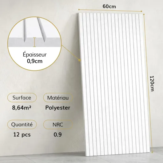 Lot de 12 Panneaux Acoustiques, 120x60x0,9 cm, Panneau Acoustique Auto-adhésifs, Panneau Acoustique Mural Décoratifs pour la Maison, le Studio et le Bureau pour Absorber l'écho, Blanc 12 pièces 120x60x0,9cm Blanc