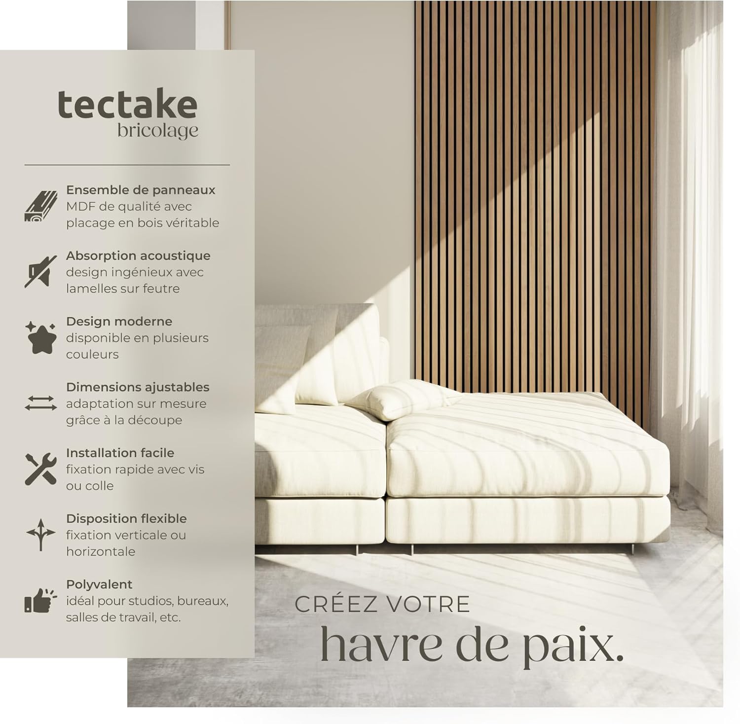 ® Lot de 4 panneaux acoustiques muraux et pour plafond, en Bois MDF, 120 x 60 x 2,1 cm par panneau mural decoratif pour isolation phonique Chambre, Bureau, Studio de musique Decoration murale Lot de 4 Chêne