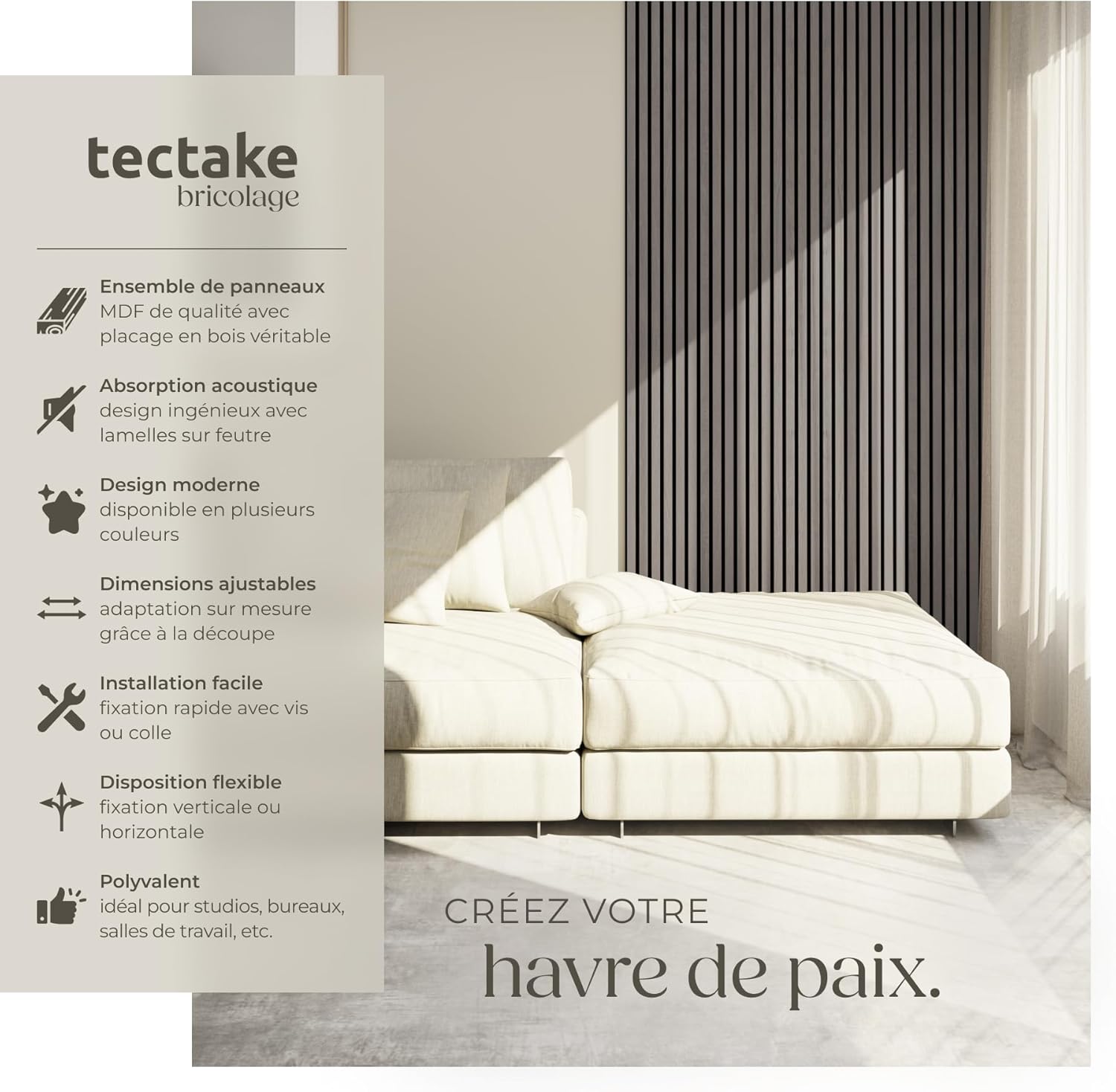 ® Lot de 4 panneaux acoustiques muraux et pour plafond, en Bois MDF, 120 x 60 x 2,1 cm par panneau mural decoratif pour isolation phonique Chambre, Bureau, Studio de musique Decoration murale Lot de 4 Chêne Gris Clair