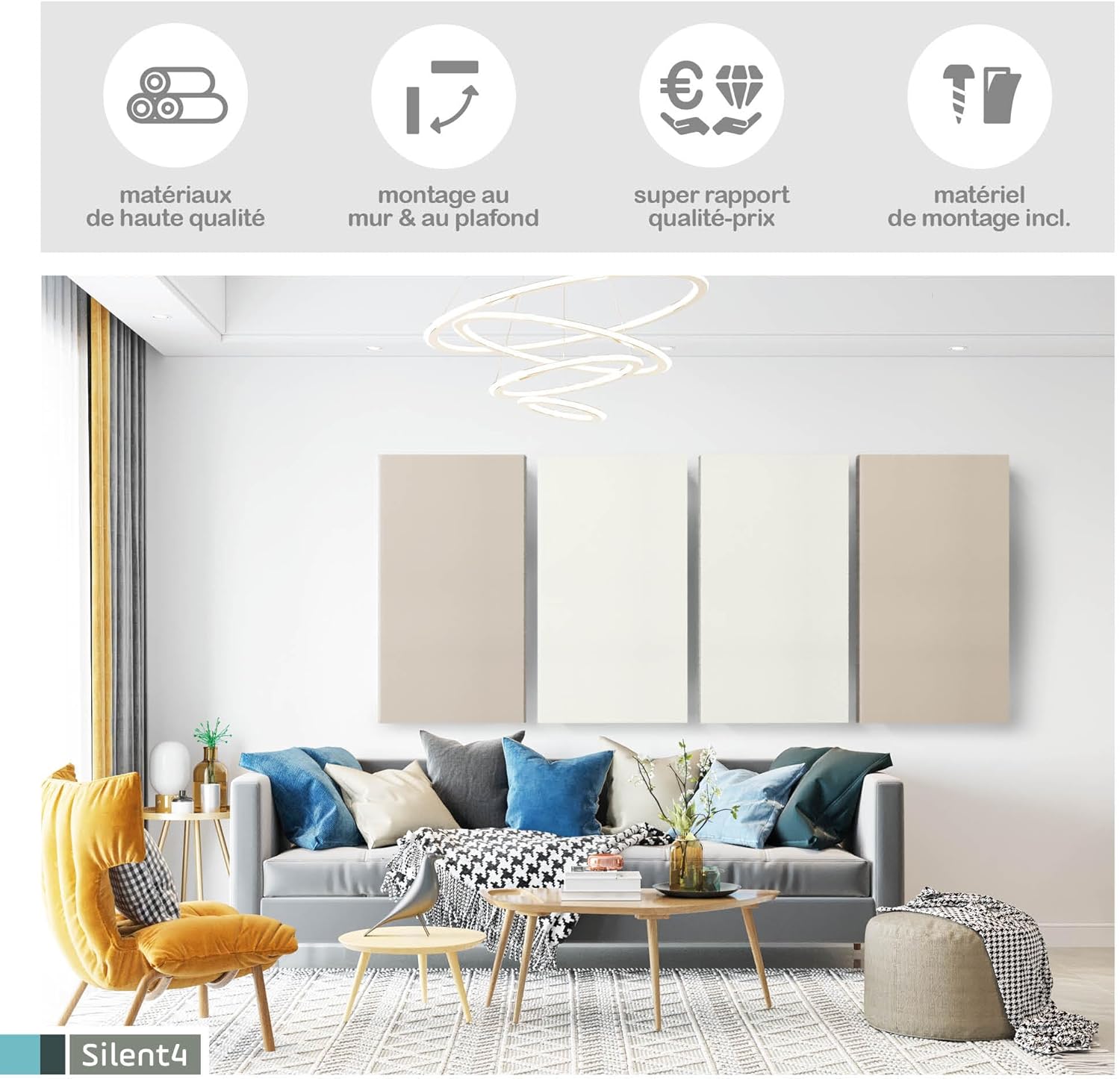® Absorbeur acoustique mur & plafond 120x60x5cm, montage par vis, acoustique améliorée prouvée par panneau acoustique avec revêtement en tissu blanc Plafond & mur: 120x60x5cm 30 Blanc Cadre en bois
