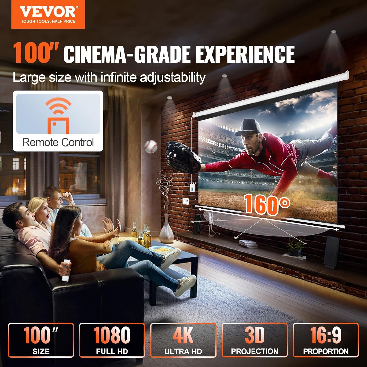 Écran de Projection Motorisé 100 Pouces 16:9 HD 4K 1080 Toile de Projection Anti-Plis avec Télécommande Grand Angle de Vision Montage Mural Direct pour Vidéoprojecteurs Cinéma Maison Intérieur TLES100