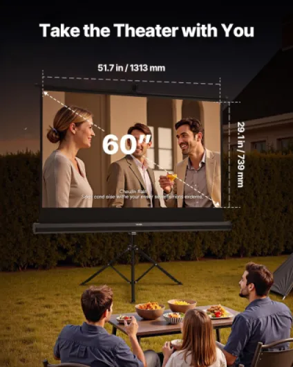 Écran de Projection avec Trépied de 152,4 cm, Toile de Projection Portable et Infroissable, Grand Angle de Vision 160°, 16:9 4K HD, avec Sac de Transport, pour Vidéoprojecteurs Cinéma Maison 60 inch with Tripod