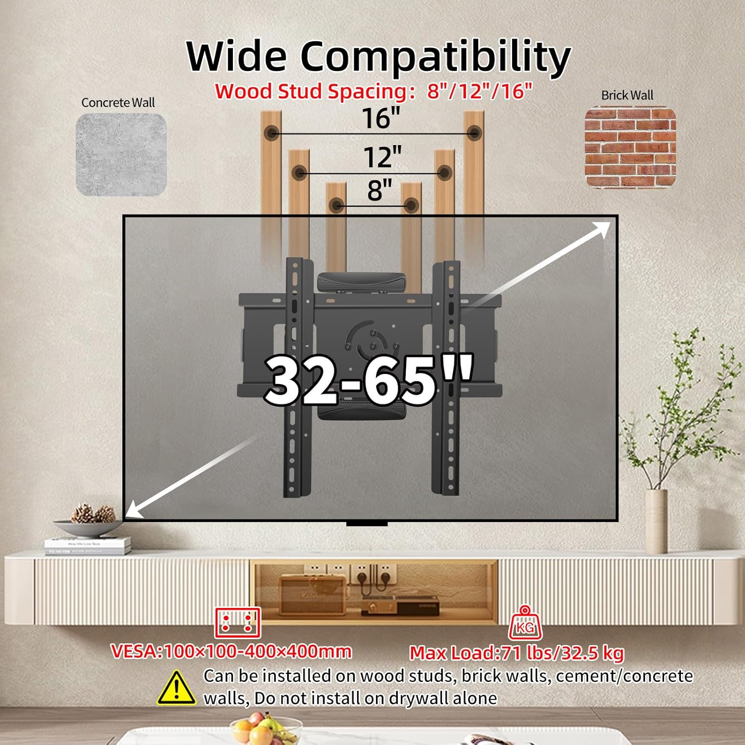 Support TV Mural Orientable 180° Pivotant, Fixation TV Murale Bras Doubles Robustes, Bras TV Mural Articulé pour Téléviseurs de 32-65″ jusqu'à 32,5 kg, Support TV d'angle, Max VESA 400x400mm