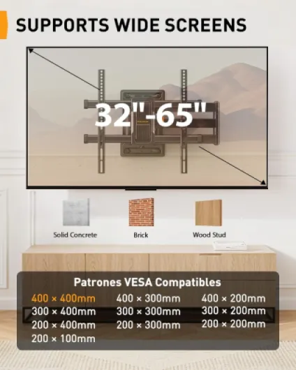 Support Mural TV à Bras Long, Support TV à Mouvement Complet pour Téléviseurs de 32-65″, Capacité de Charge de 60 kg, Support TV d'angle avec Pivotement de ±90°, VESA Max 400x400mm, PGMF24B 32-65 Pouces, 60 kg